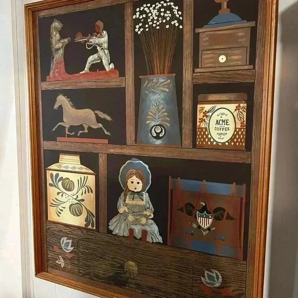 Vintage Huntington Folk Art  Oil On Canvas Shadow Box Scene 27”x33” - Picture 8 of 9